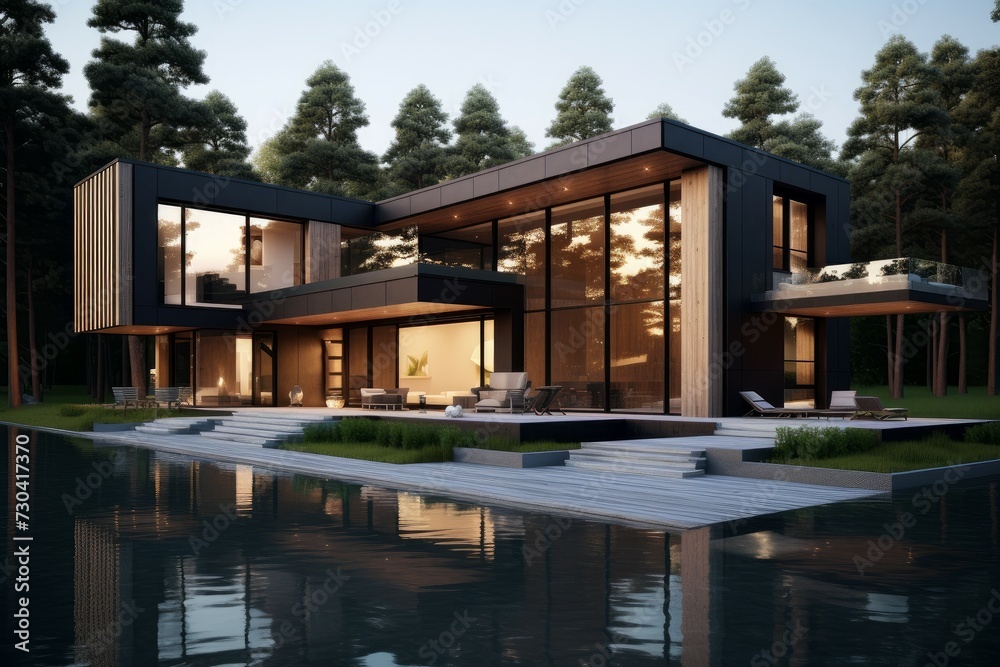 Fototapeta premium Well-lit Modern sunny house. With green grass. Generate Ai
