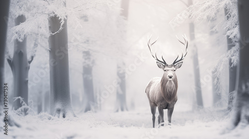 Serene Stag in a Snow-Blanketed Forest Scene