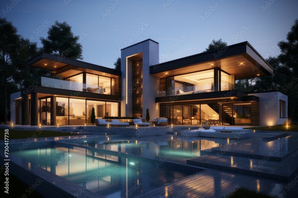 Affordable Modern sunny house. With green grass. Generate Ai