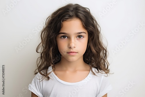 portrait of cute little girl with long curly hair looking at camera