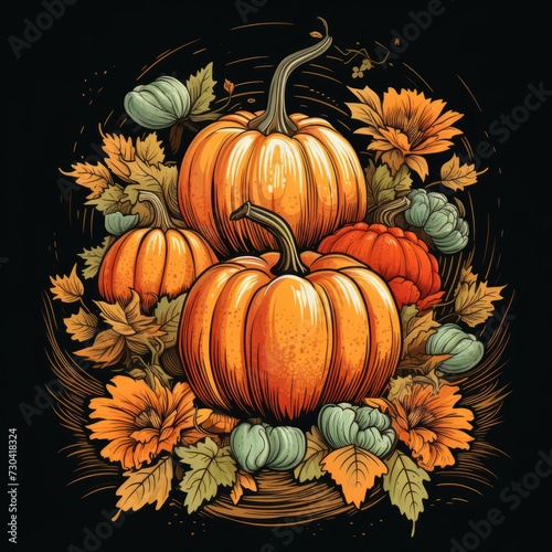 Pumpkin hand drawn cartoon illustration on dark black background. Horizontal banking for advertisement. Photo AI Generated