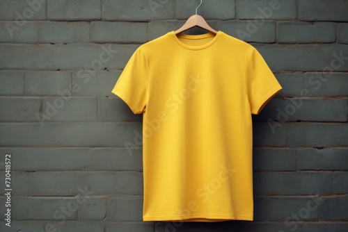 Yellow t shirt is seen against a gray wall