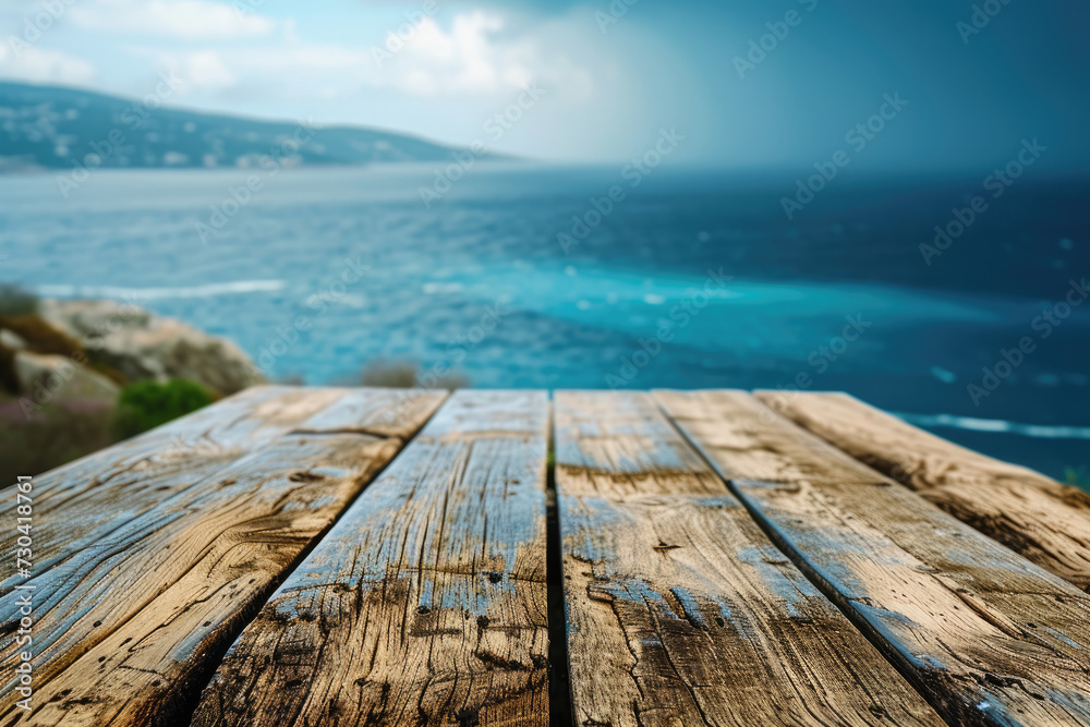 A wooden table set against the backdrop of the sea, an island, and the blue sky