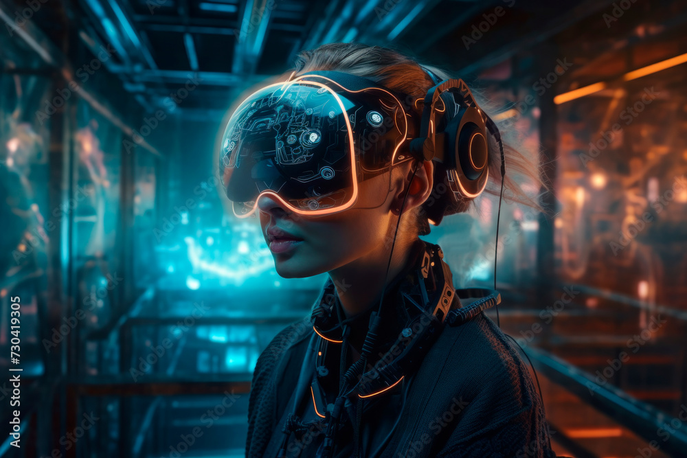 A futuristic beautiful young woman in virtual reality glasses, an image of a great future with the help of modern technology. A VR headset for viewing space in a VR game.