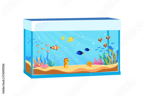 vector cartoon fish in an aquarium. Illustration of an aquarium with marine or freshwater fish. aquatic animal