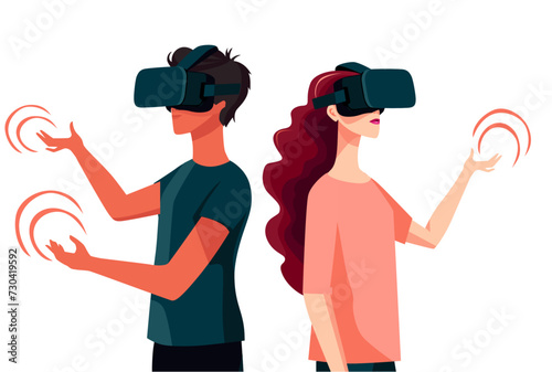 Two Young People Using Virtual Reality Headsets. A meta-universe of entertainment. Interaction and exploration of the virtual world