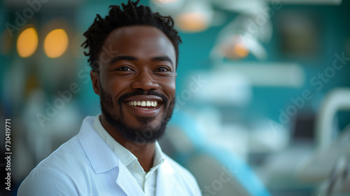 A dentist with a happy smile and cool facial hair in a dental office.
