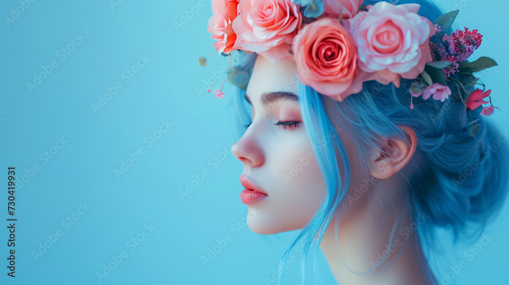 woman with blue hair and floral headdress