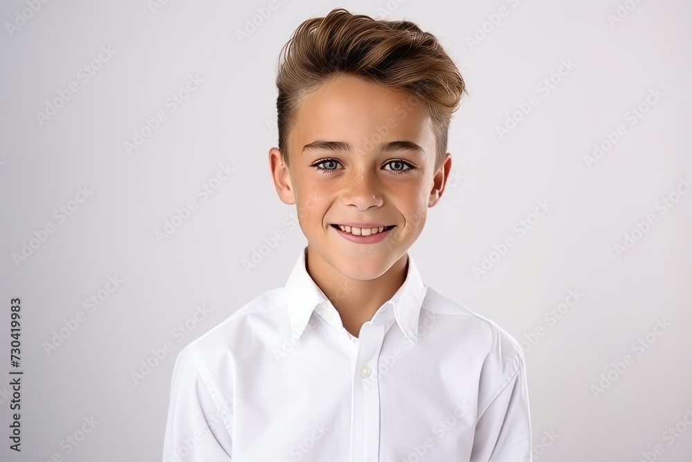Portrait of a beautiful young boy in a white shirt on a gray background Portrait of a beautiful young boy in a white shirt on a gray background
