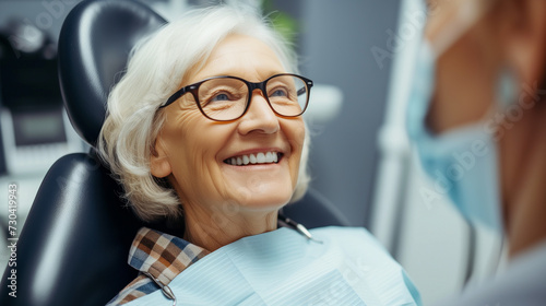 Happy elderly woman with glasses wearing a smile during dental treatment. photo