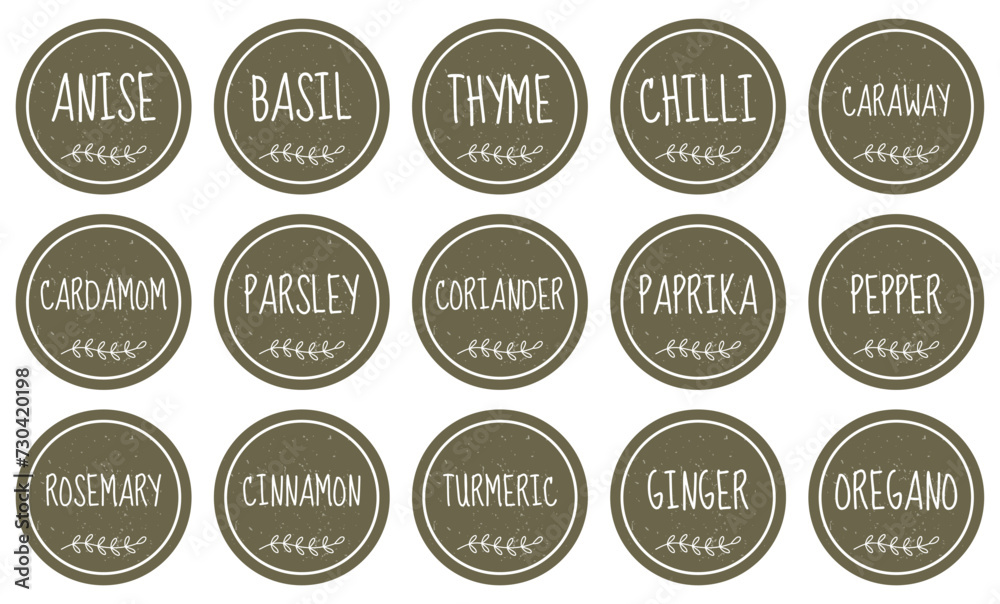 Collection of stickers or labels for jars of spices.Set of 15 vector round stickers with names of spices.Anise,Basil,Chilli,Ginger, Caraway,Cardamom, etc.