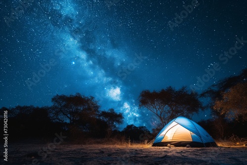 A starry night camping site with a tent lit from within, under a vast night sky