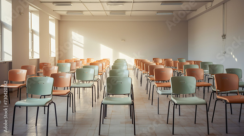 Empty classrom with a lot of chair with no student. Ai art photo
