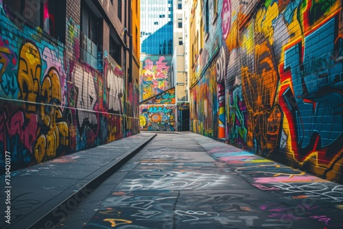 A vibrant street art mural in an urban alleyway
