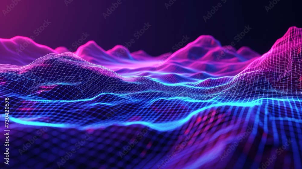 Abstract digital wireframe landscape with neon lines background