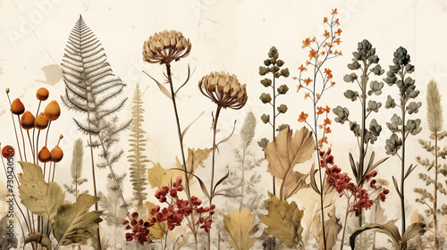 A floristic composition of dried flowers for hand made and scrapbooking. Romantic floral design of postcard paper.