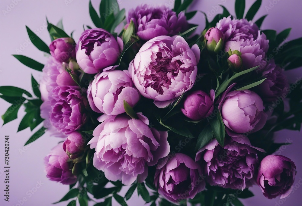 Bouquet of Purple Peonies Flat lay on Purple Background