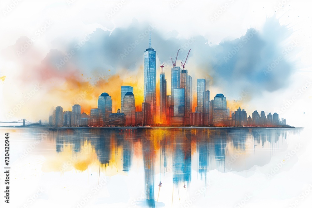 watercolor and ink illustration of a cityscape at sunrise with construction cranes
