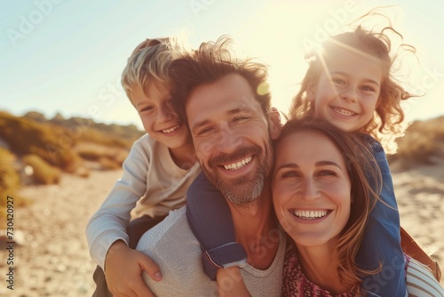 Couple on vacation with two young children smiling with sunset