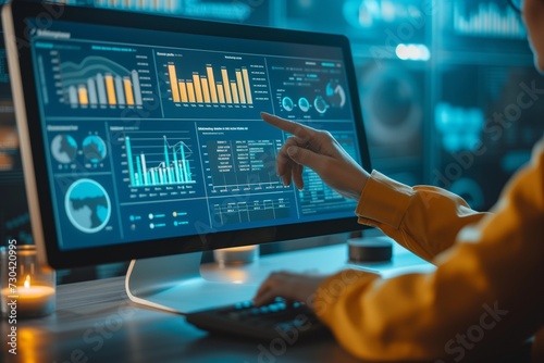 An analyst uses a computer for data business analysis and metrics for technology finance, operations, and sales photo
