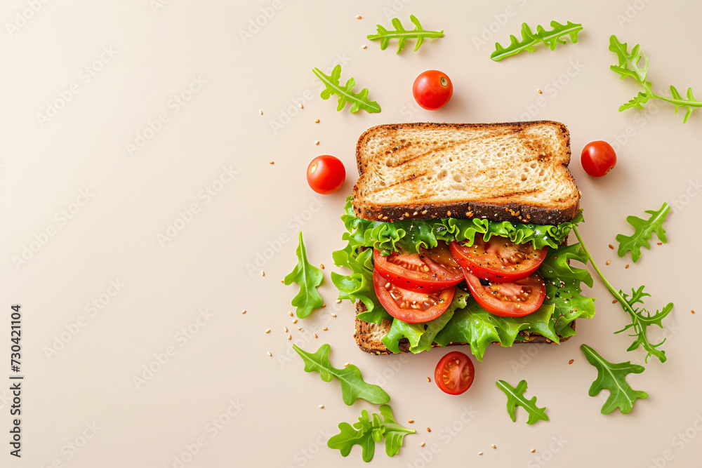Open-faced sandwich with tomatoes and fresh greens. Top view food photography with a neutral background. Design for recipe book, poster, flat lay with place for text - obrazy, fototapety, plakaty 