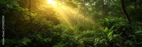  panorama banner background of tropical forest landscape scene for using in concept of environmental ecology and sustainable energy or Earth day  wild wood scenic using for wallpaper of spa and touris