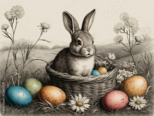 bunny in basket with easter eggs spring nature landscape grass and wild flowers vintage style seasonal illustration photo