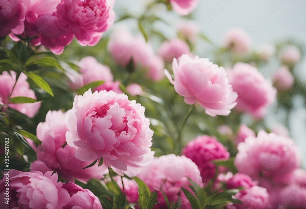 Beautiful pink peonies in nature with a blue sky behind