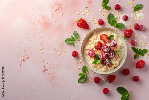 Oatmeal with strawberries, raspberries, and mint leaves on a pink textured background. Healthy eating and summer breakfast concept with flat lay composition for design and print