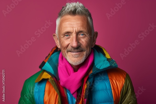 Portrait of a happy senior man in a colorful jacket and scarf.