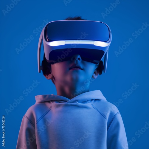 Children experiencing virtual reality isolated on blue background. Surprised little boy watching with VR glasses