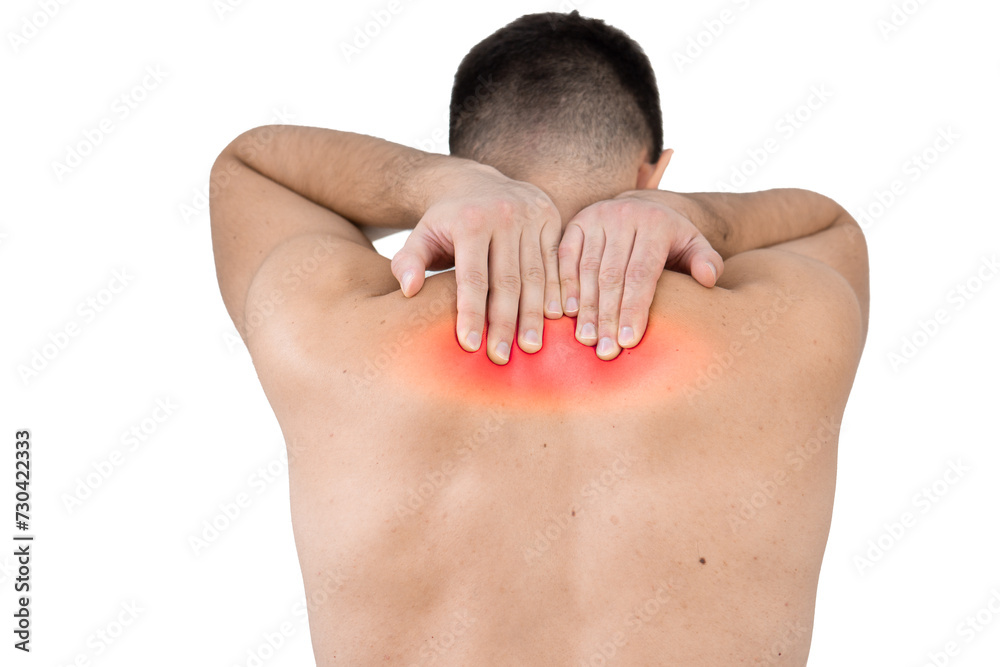 Obraz premium Rear view of a shirtless young man holding his neck in pain isolated on white background, man giving himself a massage on his neck, stress, neck pain, pain area highlighted in red