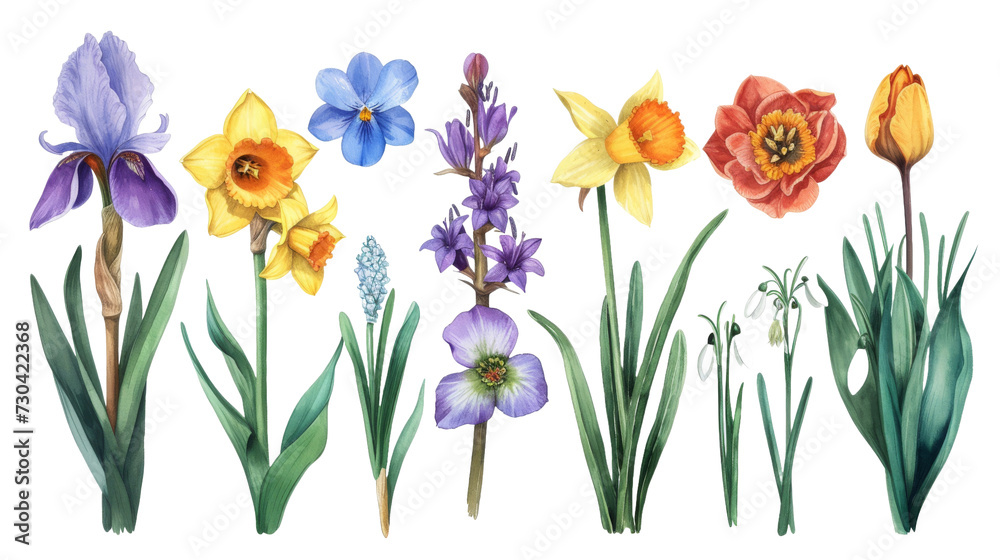 Set of vintage watercolor spring flowers growing in the garden. Botanical collection. Hyacinth, tulip, daffodils, crocus, iris, snowdrop, narcissus isolated transparent background. PNG Format. - obrazy, fototapety, plakaty 