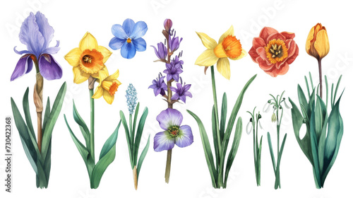 Set of vintage watercolor spring flowers growing in the garden. Botanical collection. Hyacinth, tulip, daffodils, crocus, iris, snowdrop, narcissus isolated transparent background. PNG Format. photo