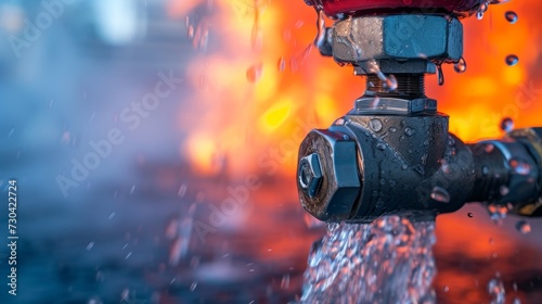 An intense close-up of a fire sprinkler with flames raging in the background
