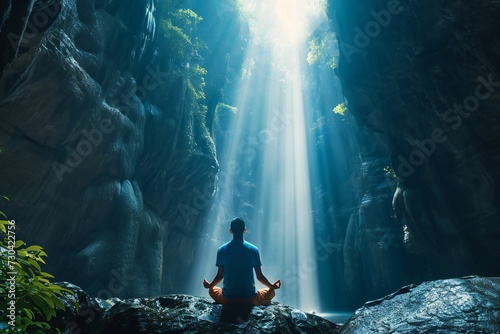 A man meditates in a beautiful cave where the sun's rays penetrate. Light in the Cave