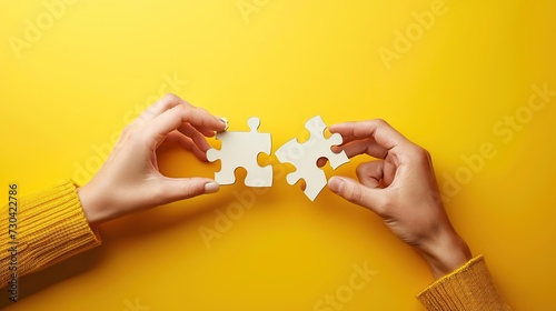Close-up hand of connecting jigsaw puzzle isolated on yellow background. Business solutions, success and strategy concept.