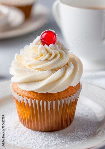 Muffin, cupcake - pastry dessert with butter cream and with a cherry on top, on a served table in a cafe.