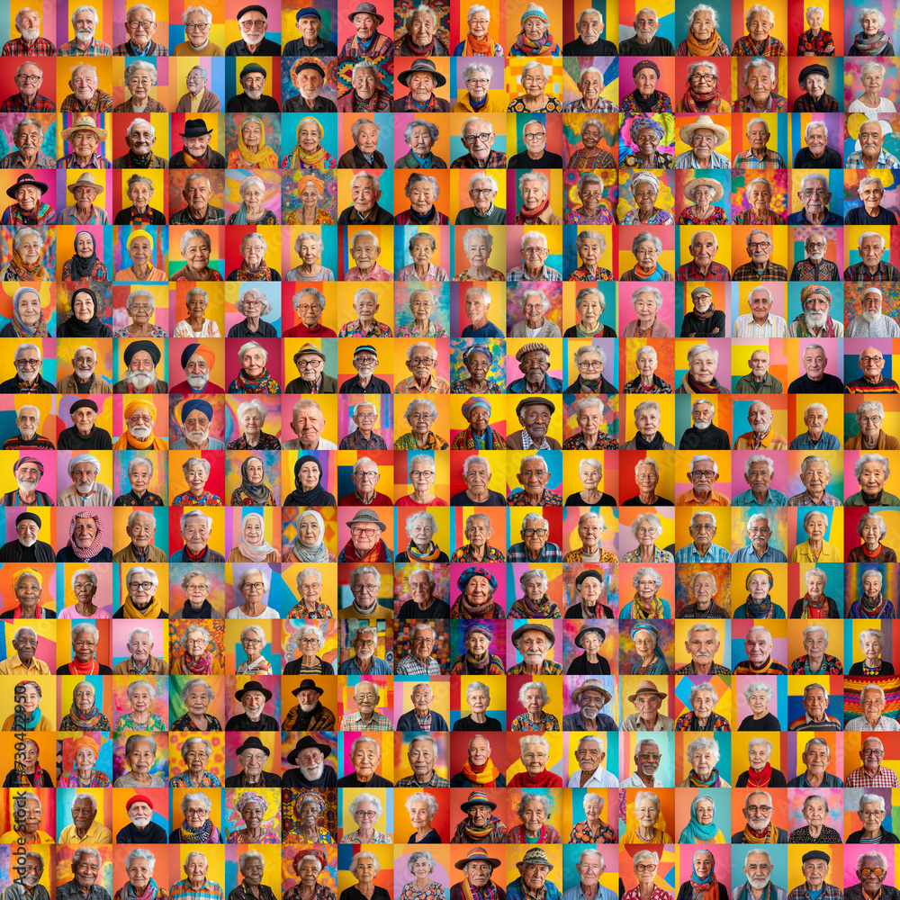 composite portrait of senior persons of different cultures headshots, including all ethnic, racial, and geographic types of old people in the world on a colorful background