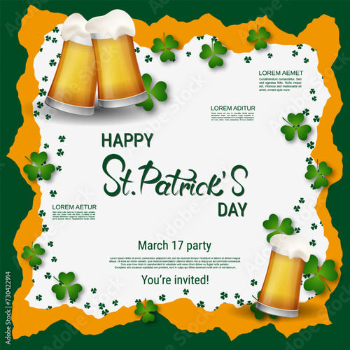 St.Patrick's Day vector illustration. Green-white background with colorful clover leaves and design elements