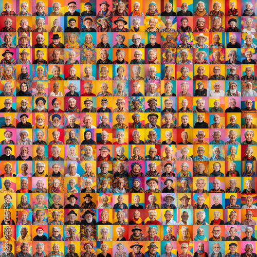 composite portrait of senior persons of different cultures headshots  including all ethnic  racial  and geographic types of old people in the world on a colorful background