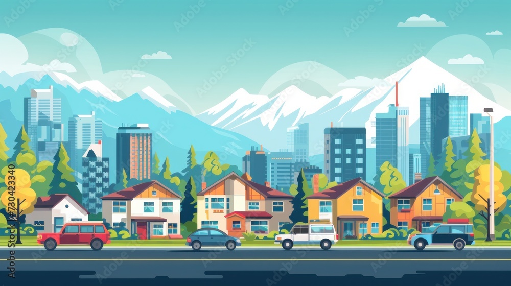 A vibrant, flat vector illustration showcasing a bustling urban street scene with cars and a skyline of city office buildings