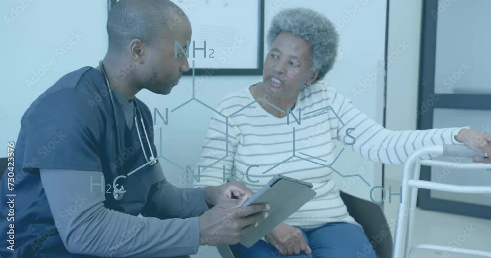 Animation of element diagram, african american male doctor with tablet and senior female patient Animation of element diagram, african american male doctor with tablet and senior female patient