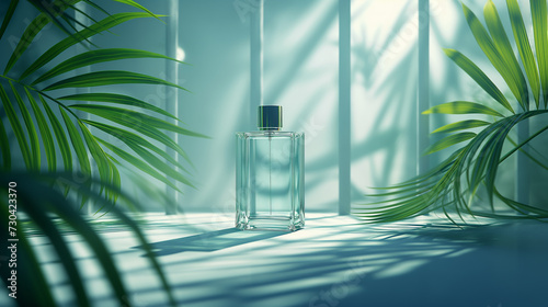 Modern perfume bottle standing elegantly amidst palm photo