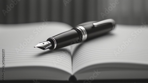 An artistic black and white composition featuring a fountain pen resting on a notebook