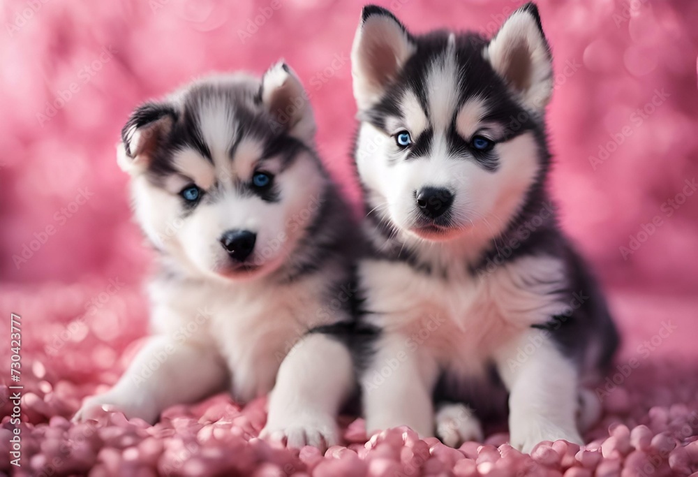 AI generated illustration of adorable canines sitting side by side on a cozy pink rug