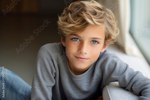 Portrait of a cute little boy sitting on a sofa at home