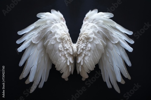 Angel wings isolated on the black background, fantasy feather wings for fashion design, cosplay and dress up party © PinkiePie