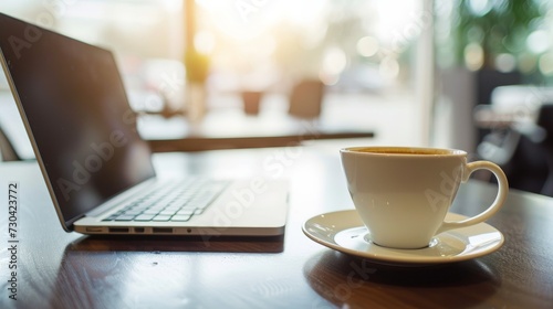 laptop paired with a steaming cup of coffee sits on the bare floor