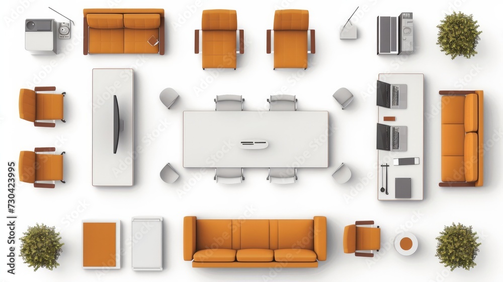 sleek set of outline icons representing top view office and conference room furniture sleek set of outline icons representing top view office and conference room furniture